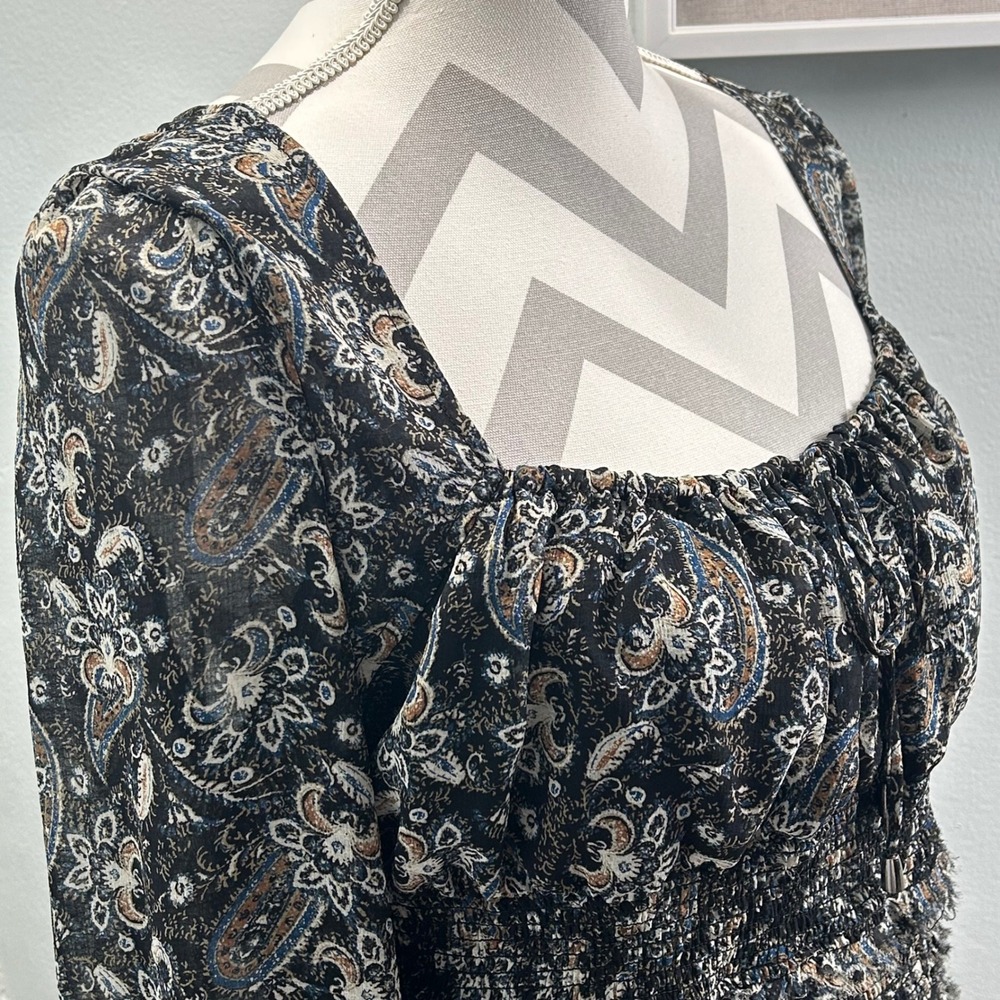 Free People Sheer Paisley Print Square Neck Long Sleeve Smocked Blouse Top Large - Picture 4 of 7